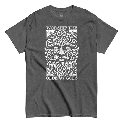 Front of grey Old Gods worship shirt, pagan Green Man folklore T-shirt