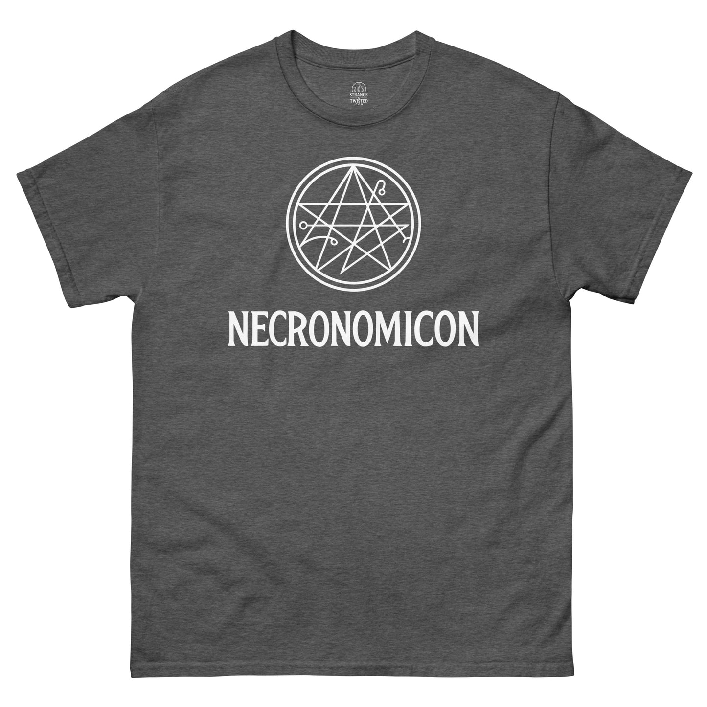 Grey Necronomicon Cthulhu T-shirt with occult gothic pentagram witchcraft design