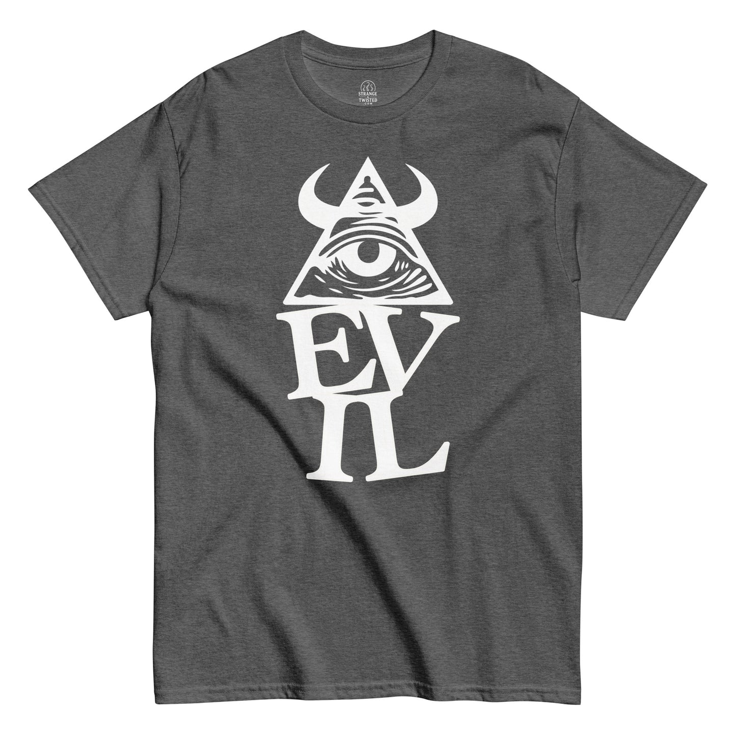 Grey Illuminati eye occult T-shirt with gothic pyramid and evil word design