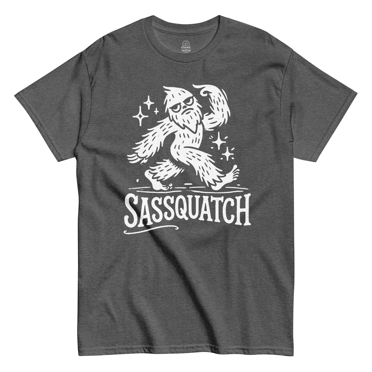 Funny Bigfoot T-shirt on heather grey – Sassquatch cryptid graphic with sparkles and bold text