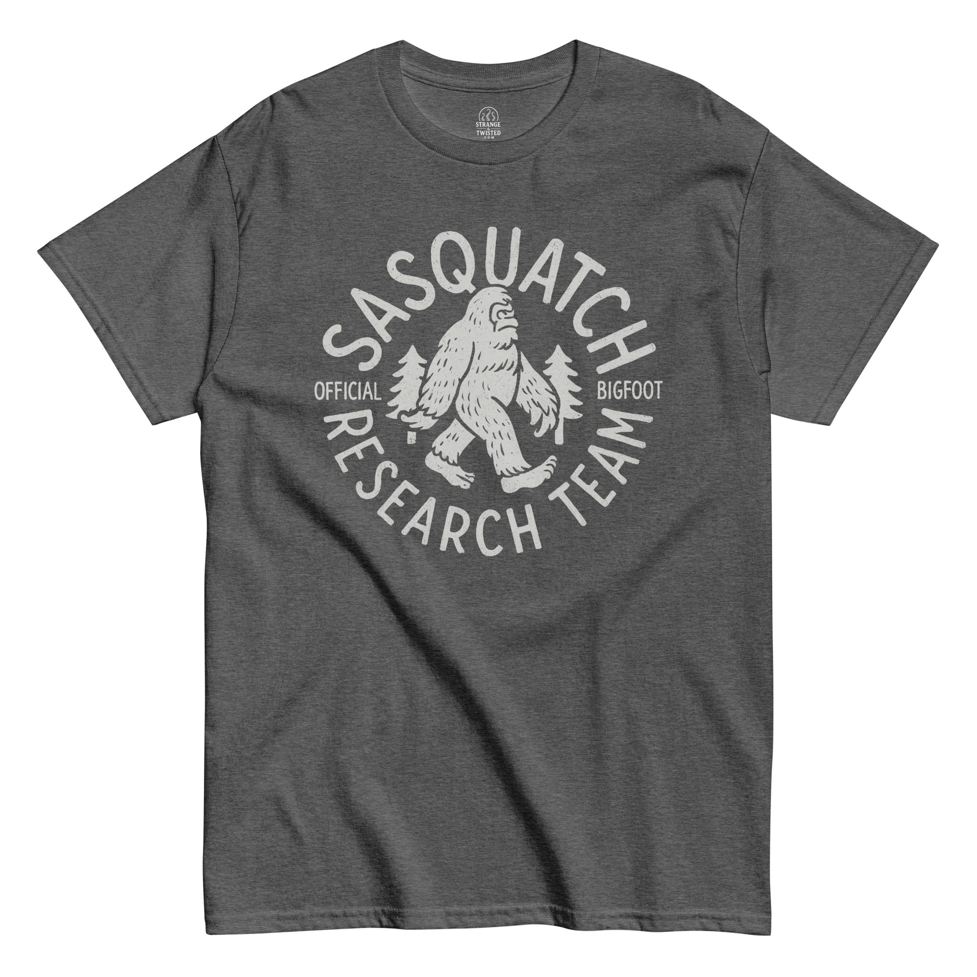 Sasquatch Research Team T-shirt with dark print of Bigfoot research logo on heather grey fabric.