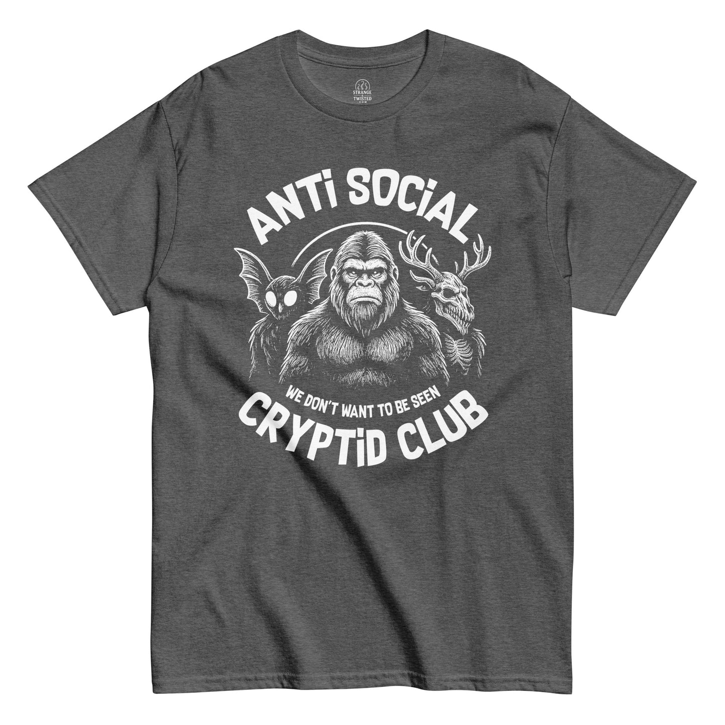 Front view of funny Cryptid t-shirt featuring Sasquatch, Wendigo and Mothman, Dark Heather, Unisex