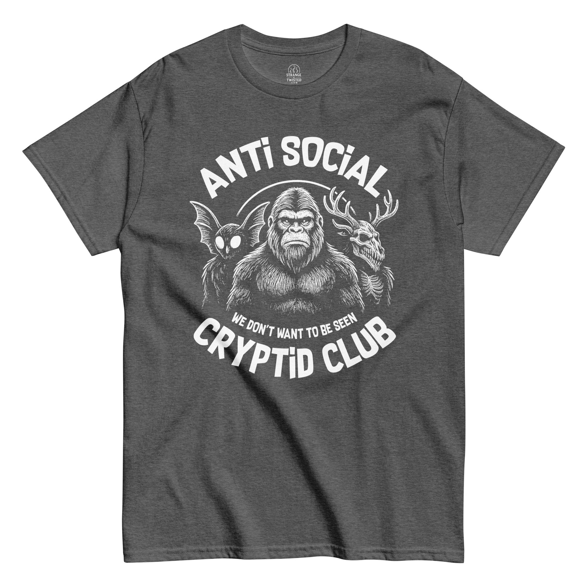 Front view of funny Cryptid t-shirt featuring Sasquatch, Wendigo and Mothman, Dark Heather, Unisex