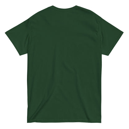 Plain green T-shirt showing back of The River Liffey Monster Irish cryptid artwork.