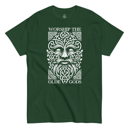 Front of green Lord of the Wildwood shirt, pagan fertility symbol T-shirt