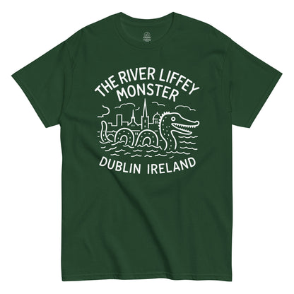 Irish folklore T-shirt featuring The River Liffey Monster and Dublin skyline in white on green fabric.