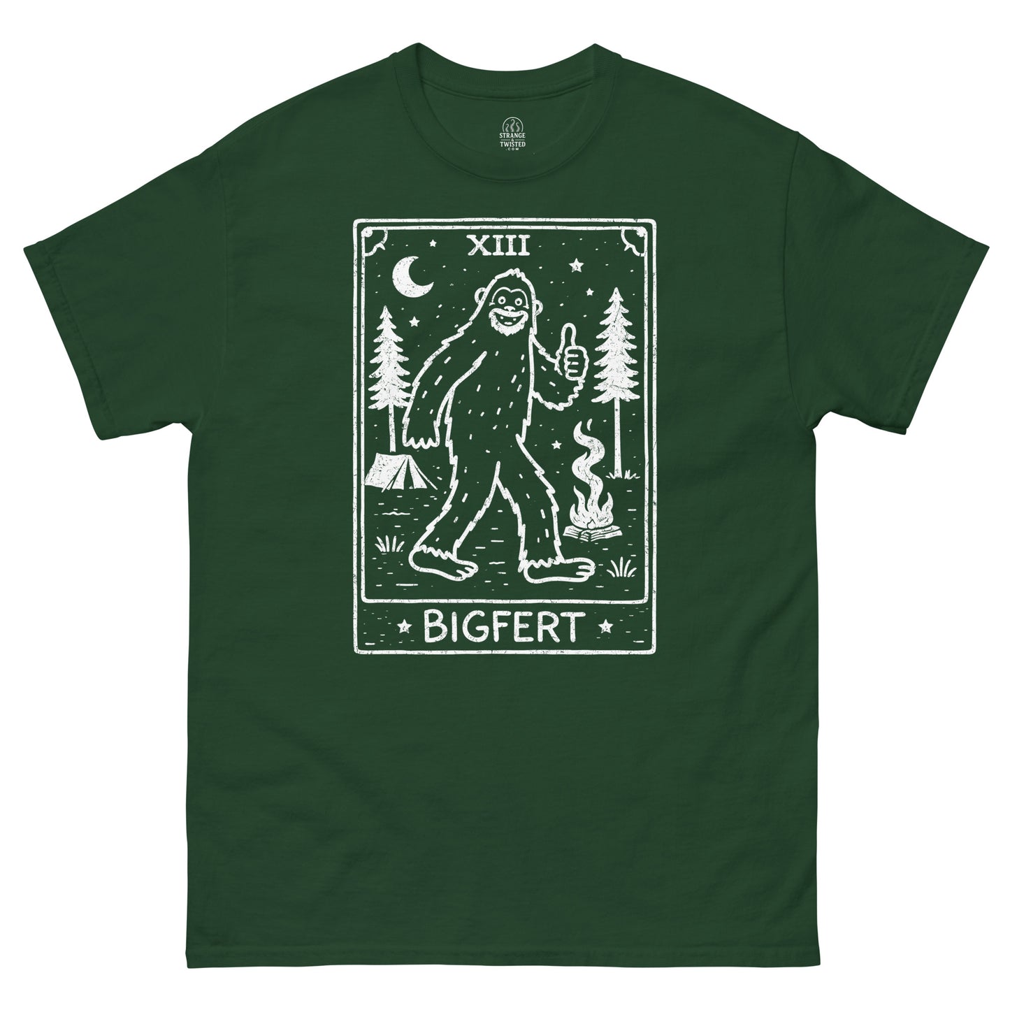 Green t-shirt with a graphic of the cryptid bigfoot and the word 'BIGFERT' on a white background