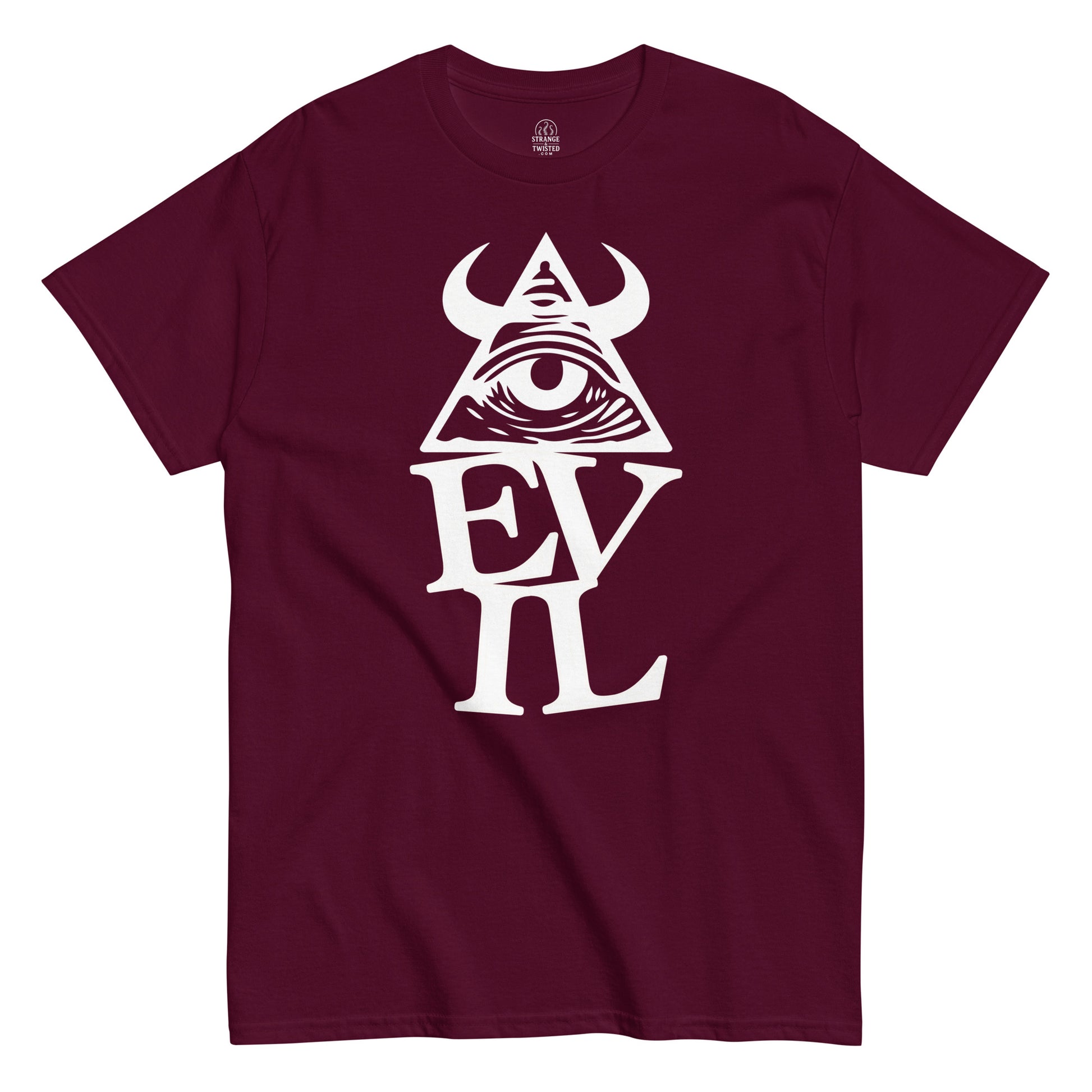Red Illuminati occult eye T-shirt with bold pyramid and evil symbolism