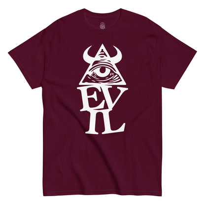 Red Illuminati occult eye T-shirt with bold pyramid and evil symbolism
