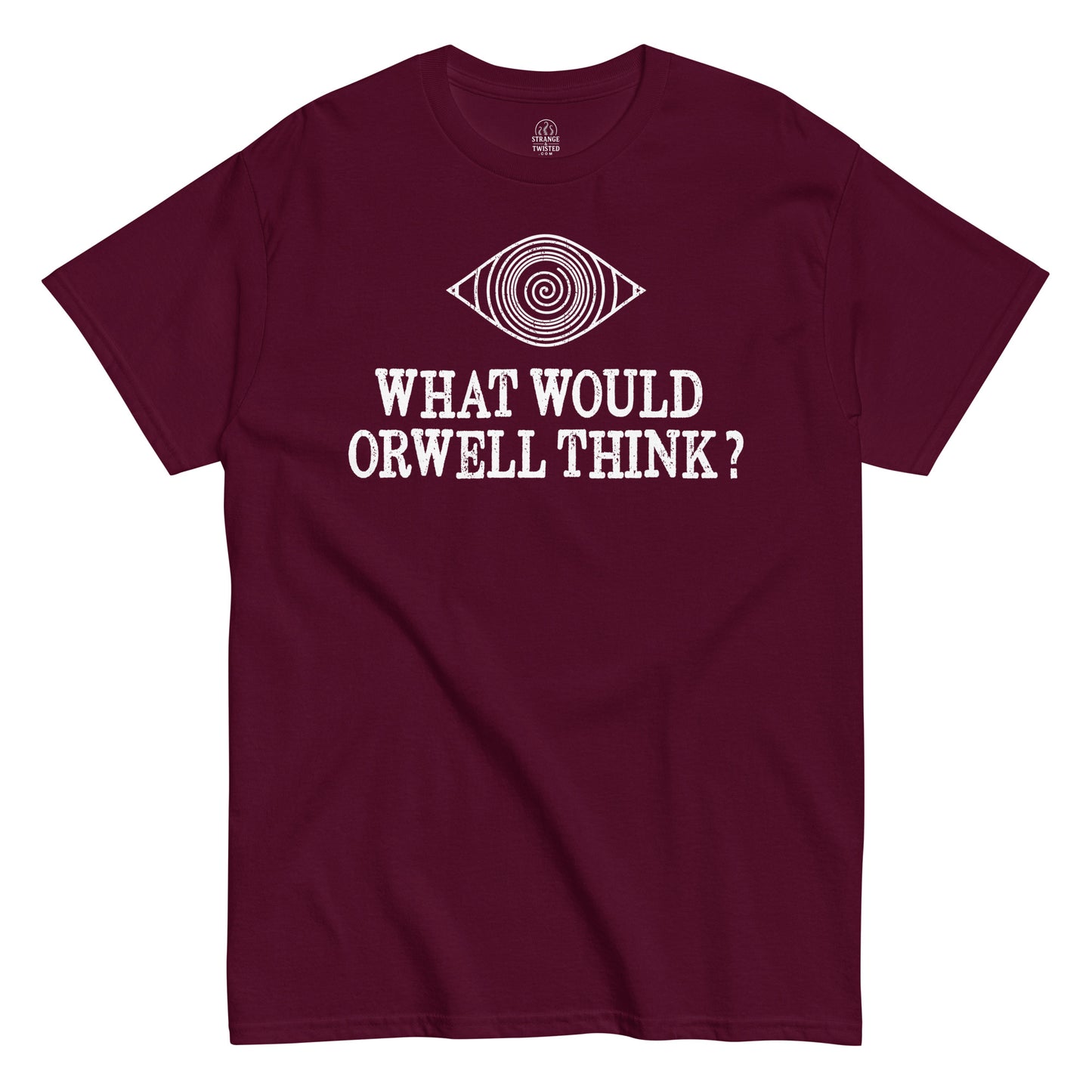 Front view red Orwell T-shirt with Orwellian eye and text print