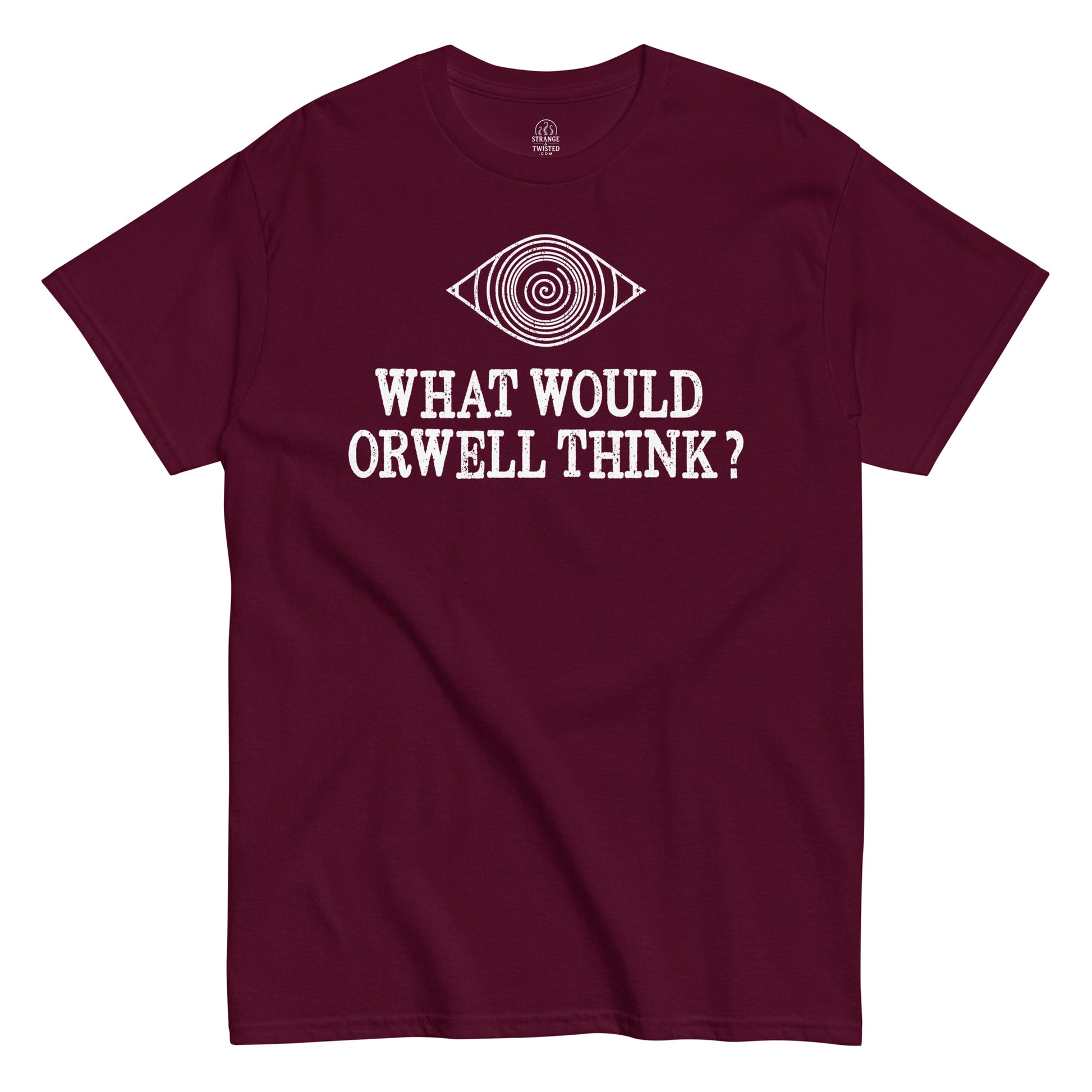 Front view red Orwell T-shirt with Orwellian eye and text print