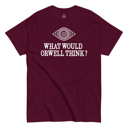 Front view red Orwell T-shirt with Orwellian eye and text print