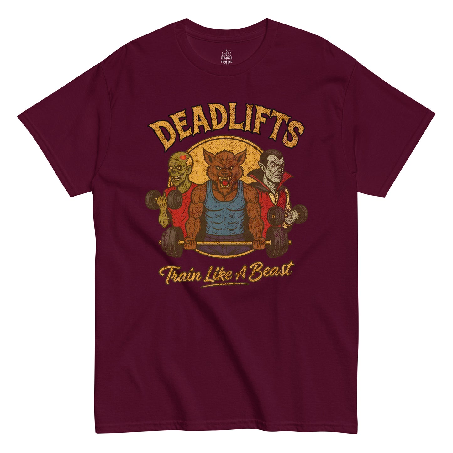 Funny gym T-shirt featuring werewolf, zombie, and vampire lifting weights with text “Deadlifts Train Like A Beast,” printed with a worn vintage texture.