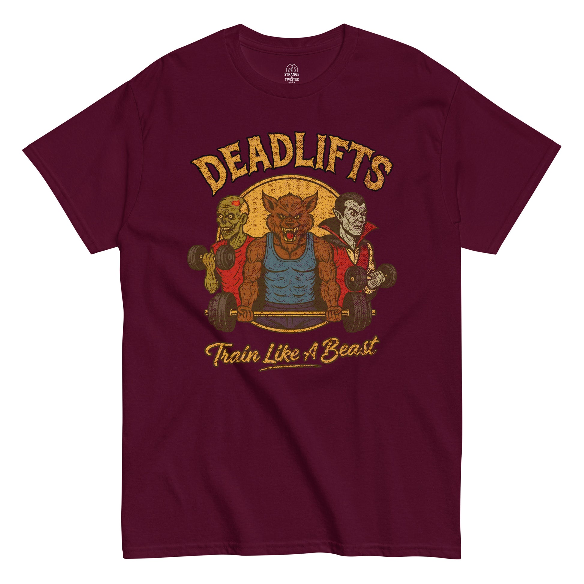 Funny gym T-shirt featuring werewolf, zombie, and vampire lifting weights with text “Deadlifts Train Like A Beast,” printed with a worn vintage texture.