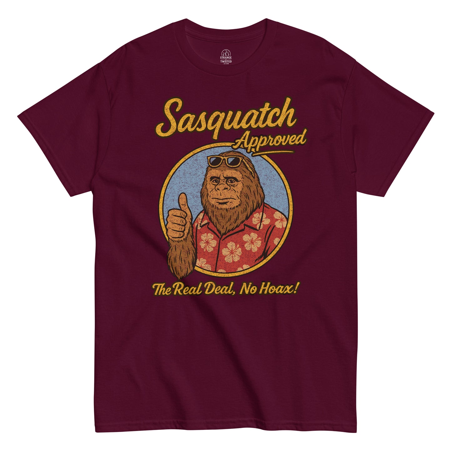“Sasquatch Approved T-shirt, Bigfoot in floral shirt with thumbs up, distressed vintage design on burgundy red front”