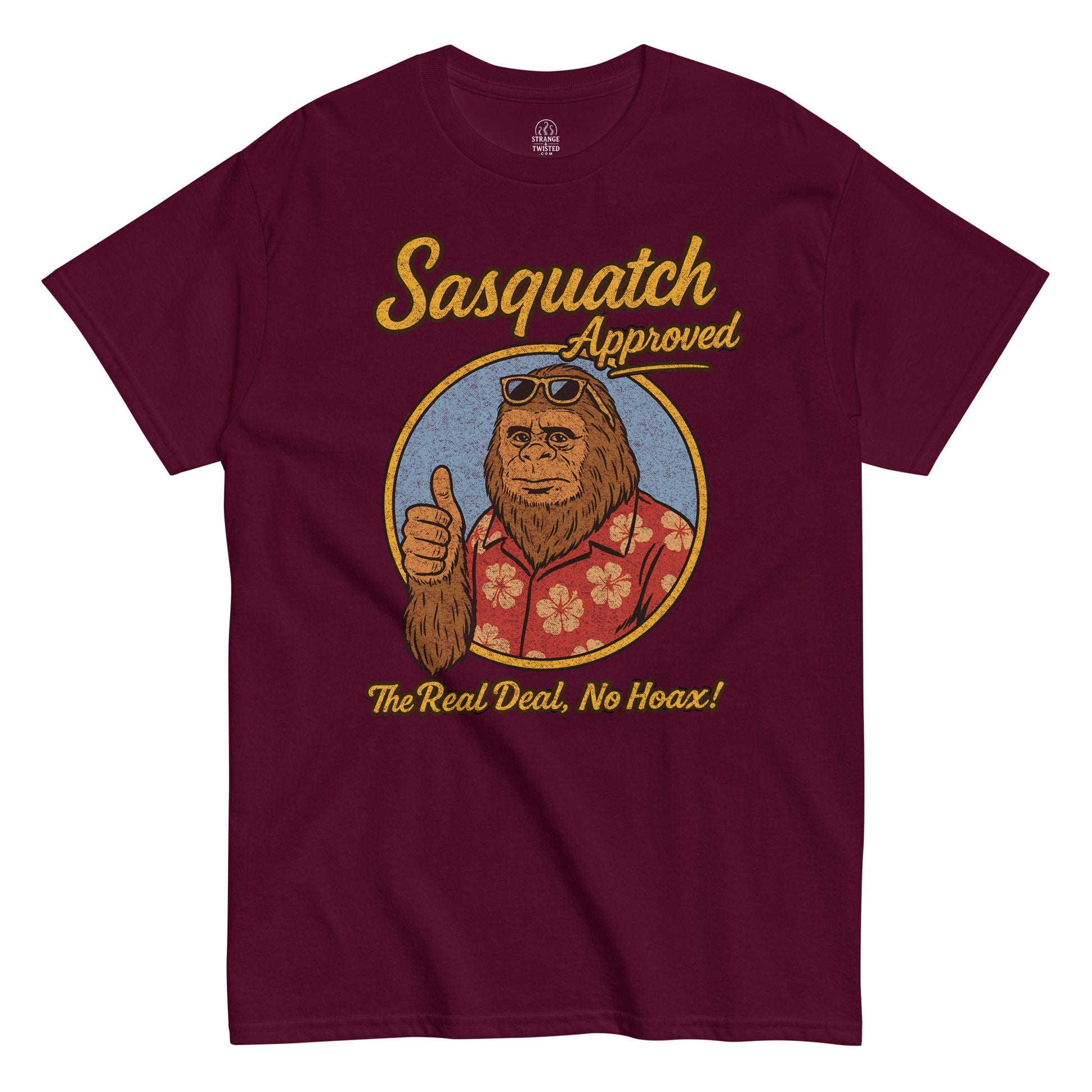 “Sasquatch Approved T-shirt, Bigfoot in floral shirt with thumbs up, distressed vintage design on burgundy red front”