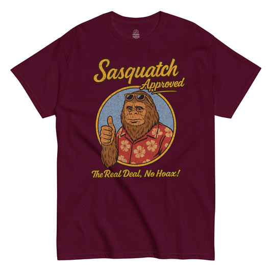 “Sasquatch Approved T-shirt, Bigfoot in floral shirt with thumbs up, distressed vintage design on burgundy red front”