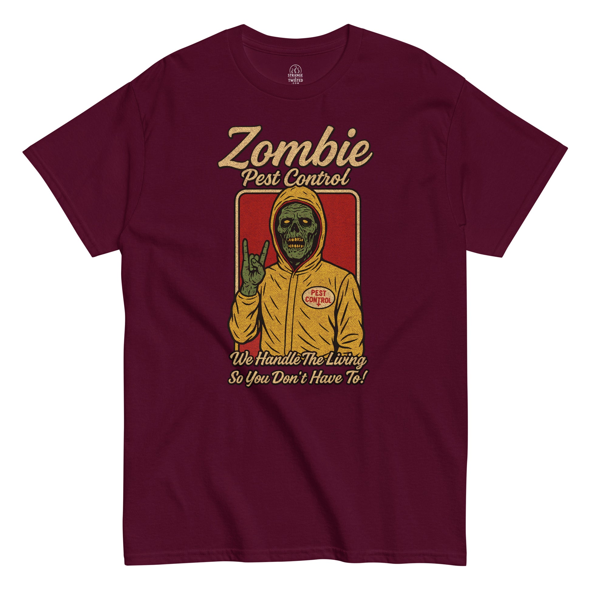 Zombie Pest Control T-shirt, green zombie in hazmat suit flashing horns, distressed vintage design on maroon red tee