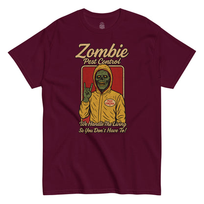 Zombie Pest Control T-shirt, green zombie in hazmat suit flashing horns, distressed vintage design on maroon red tee