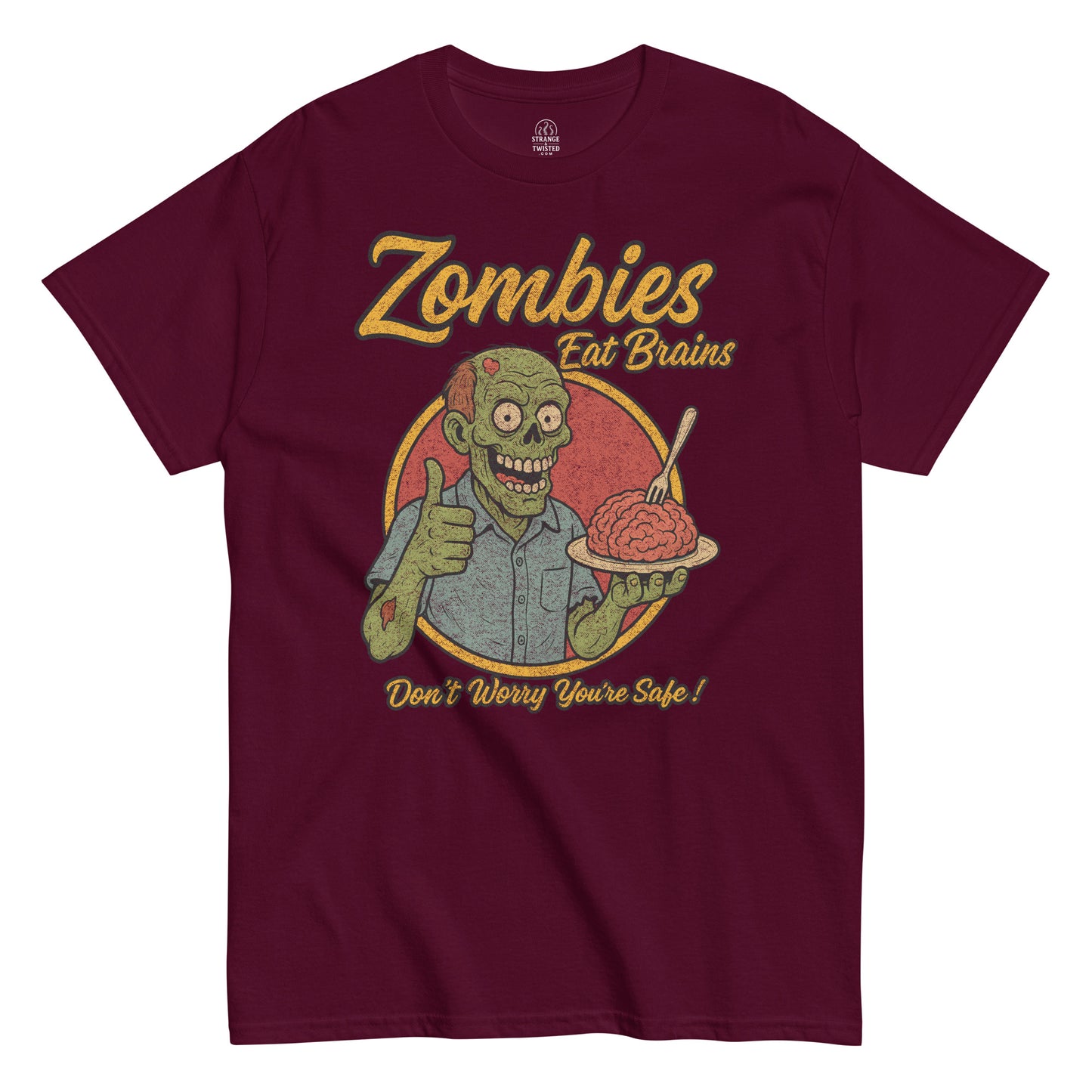 Zombies Eat Brains T-shirt, green zombie holding plate of brains and smiling, halftone distressed retro design on maroon red tee