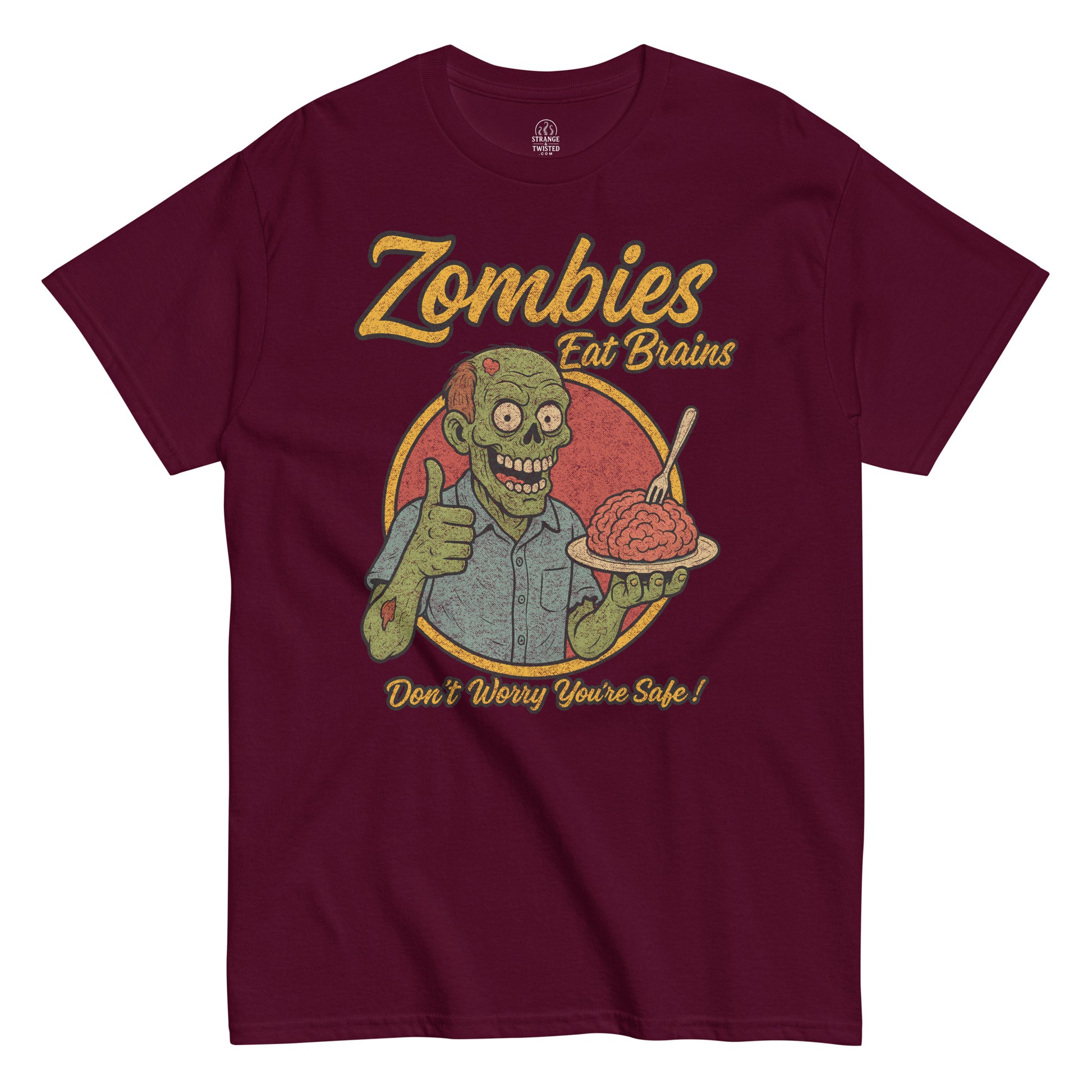 Zombies Eat Brains T-shirt, green zombie holding plate of brains and smiling, halftone distressed retro design on maroon red tee