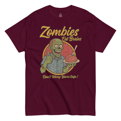 Zombies Eat Brains T-shirt, green zombie holding plate of brains and smiling, halftone distressed retro design on maroon red tee