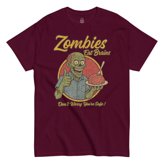 Zombies Eat Brains T-shirt, green zombie holding plate of brains and smiling, halftone distressed retro design on maroon red tee
