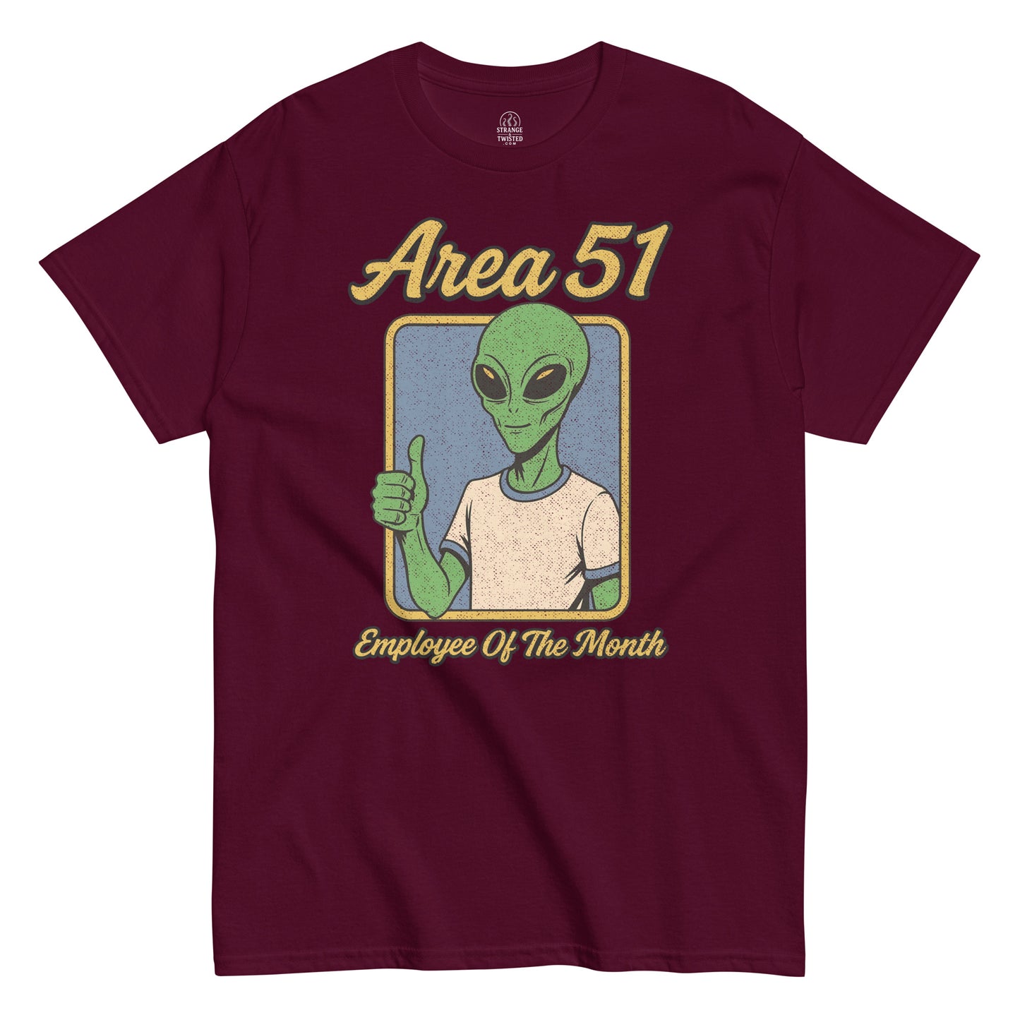 Area 51 Employee of the Month T-shirt, green alien giving thumbs up, distressed retro design on maroon red tee