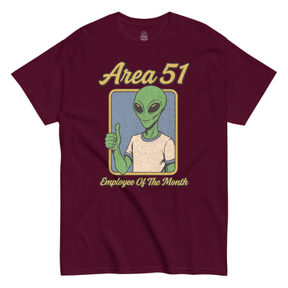 Area 51 Employee of the Month T-shirt, green alien giving thumbs up, distressed retro design on maroon red tee