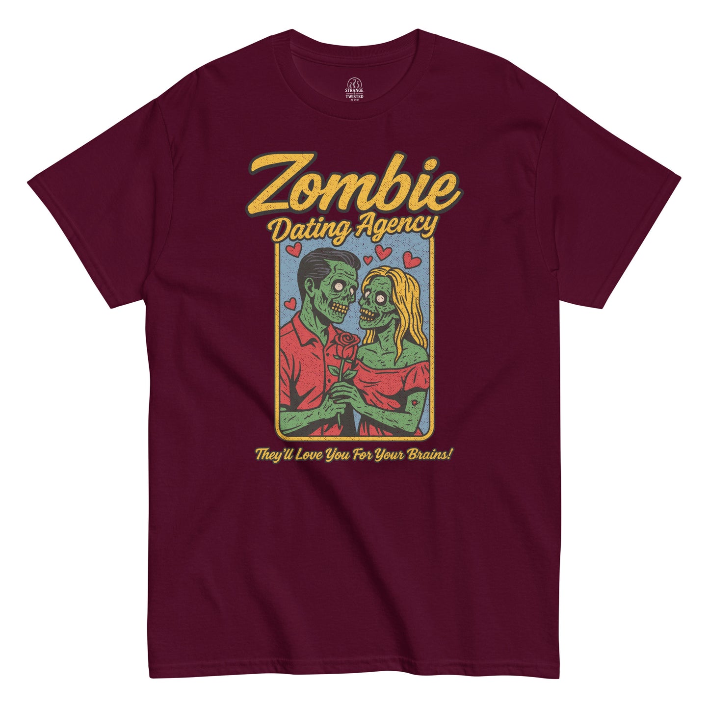 Zombie Dating Agency T-shirt, two zombies exchanging a rose with hearts, distressed retro design on maroon red tee