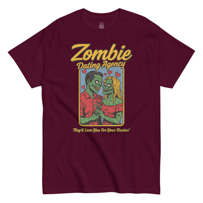 Zombie Dating Agency T-shirt, two zombies exchanging a rose with hearts, distressed retro design on maroon red tee