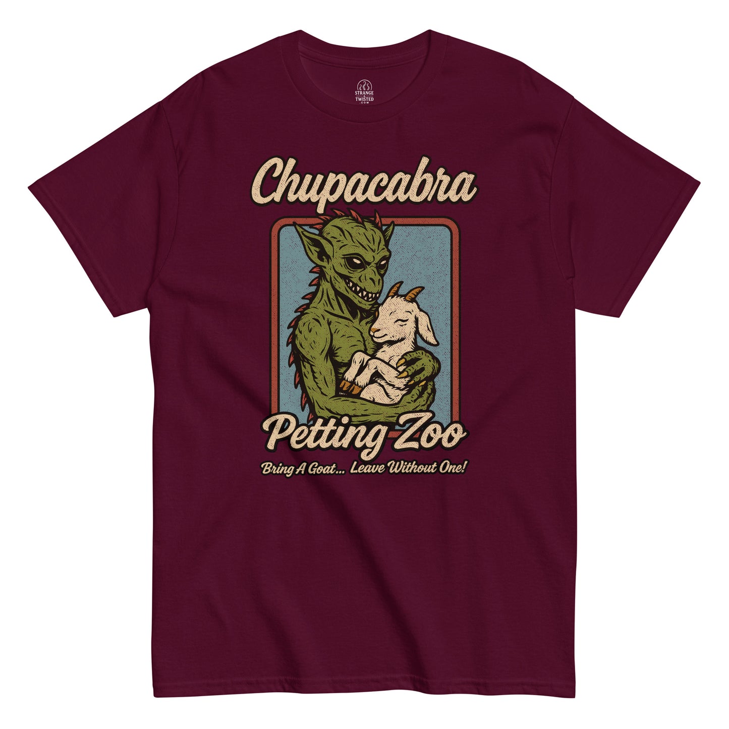 Chupacabra Petting Zoo T-shirt, cryptid holding a goat with funny slogan, stressed vintage design on maroon red tee