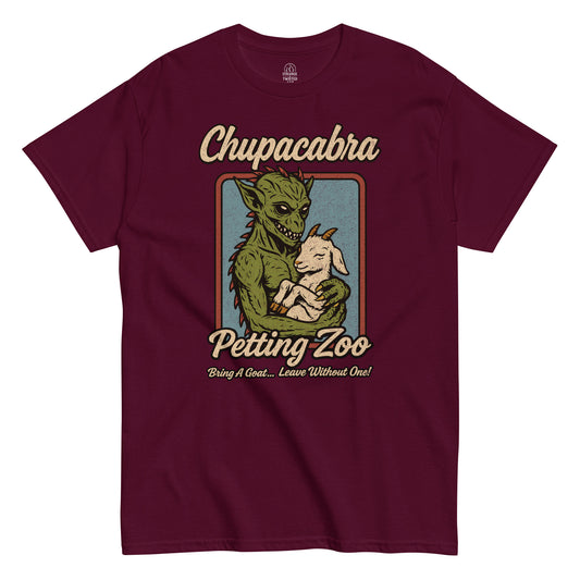 Chupacabra Petting Zoo T-shirt, cryptid holding a goat with funny slogan, stressed vintage design on maroon red tee