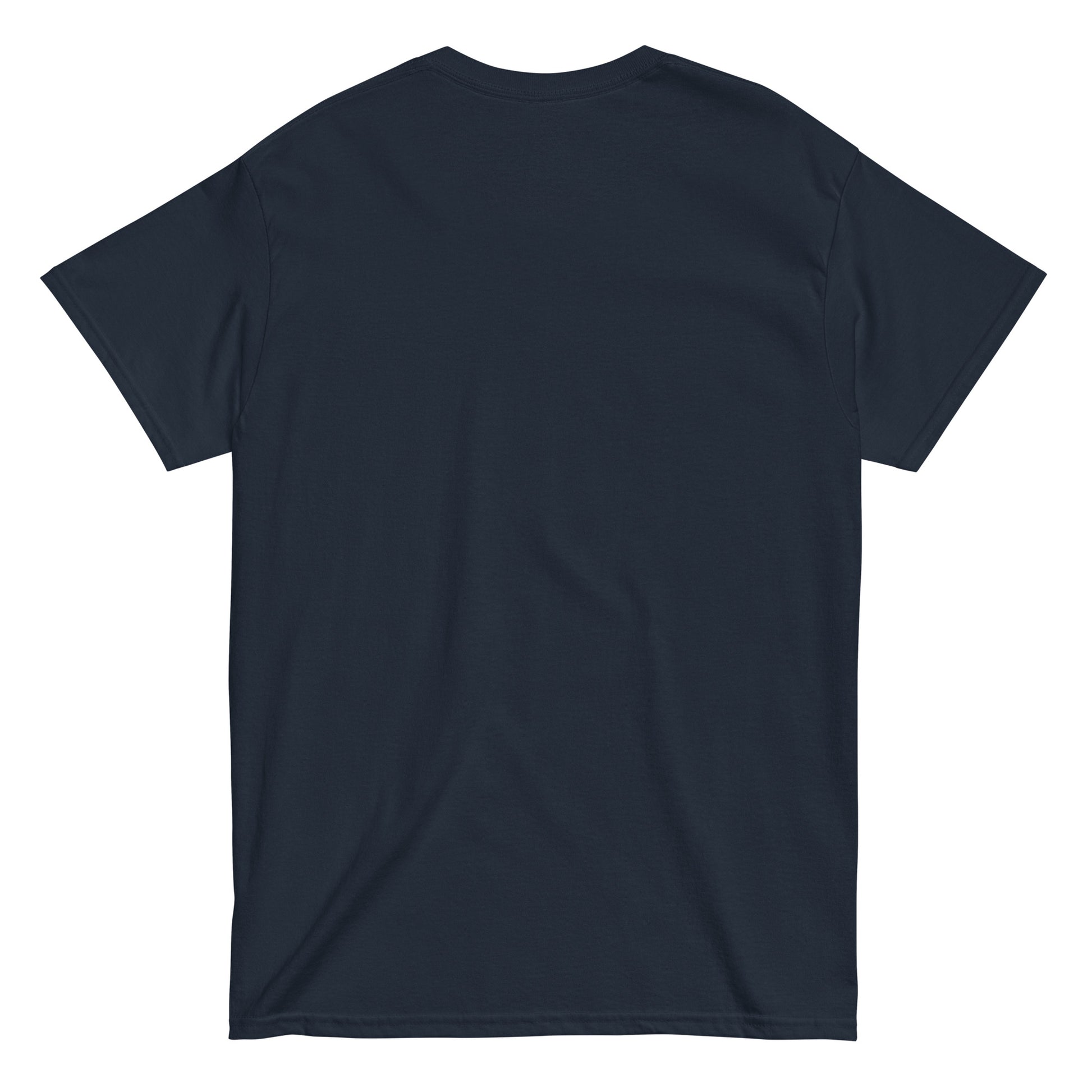 Back view of unisex CAWFEE First Or F-CAW-F coffee parody T-shirt in navy, Strange and Twisted Apparel
