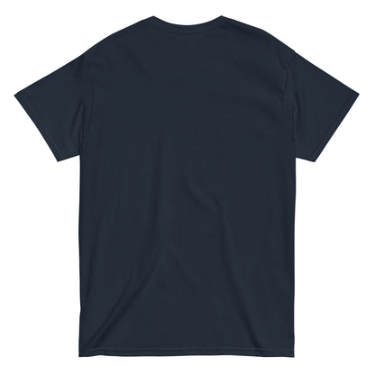 Back view of plain navy unisex T-shirt in classic style