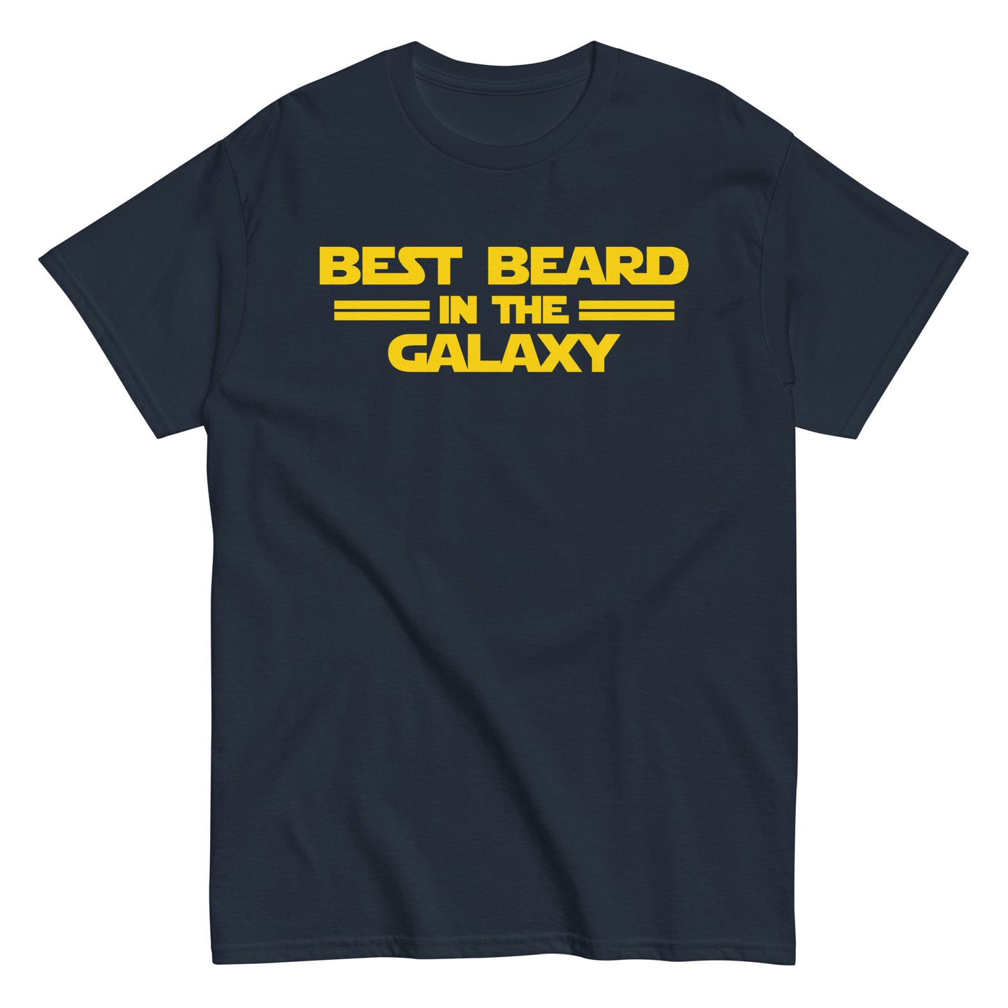 Navy T-shirt featuring yellow lettering “Best Beard in the Galaxy,” a humorous parody for bearded sci-fi fans