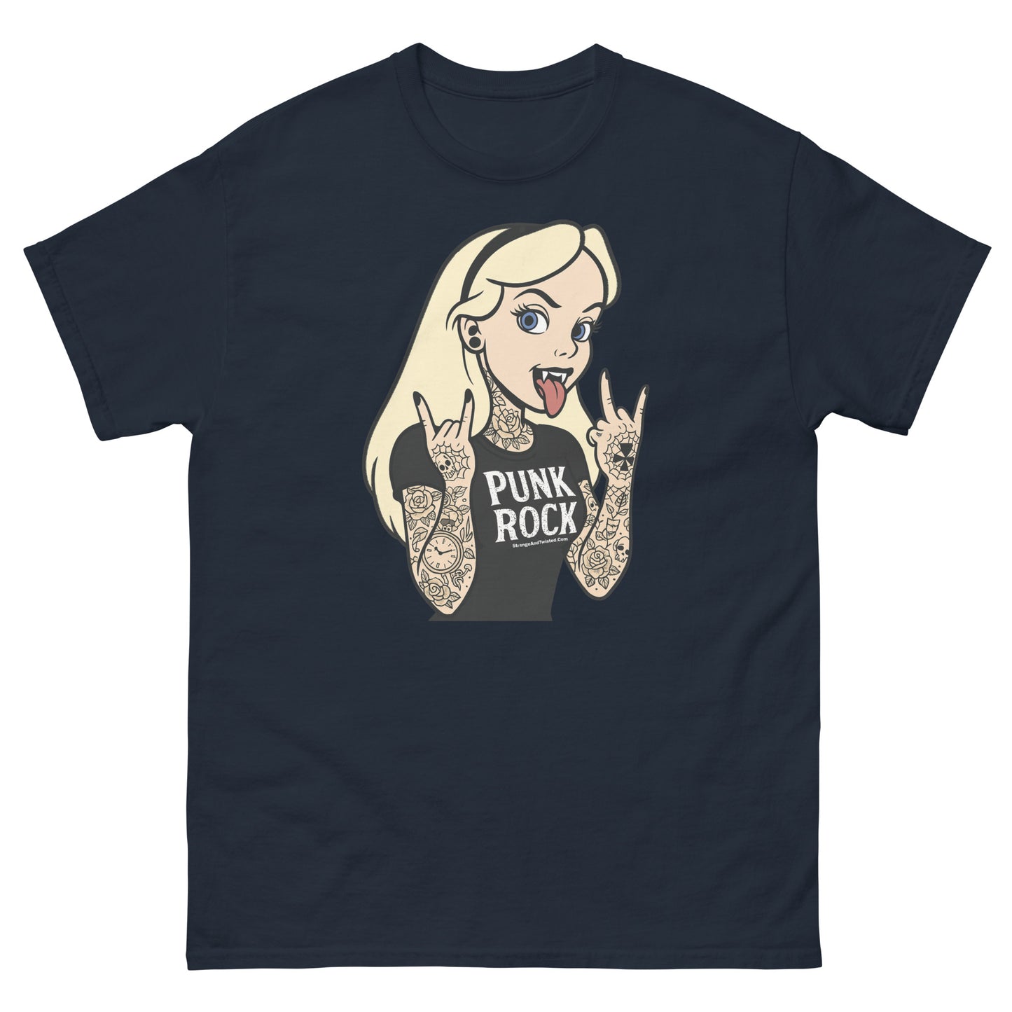 Punk Rock Girl navy T-shirt with tattooed blonde vampire-inspired girl illustration and bold lettering