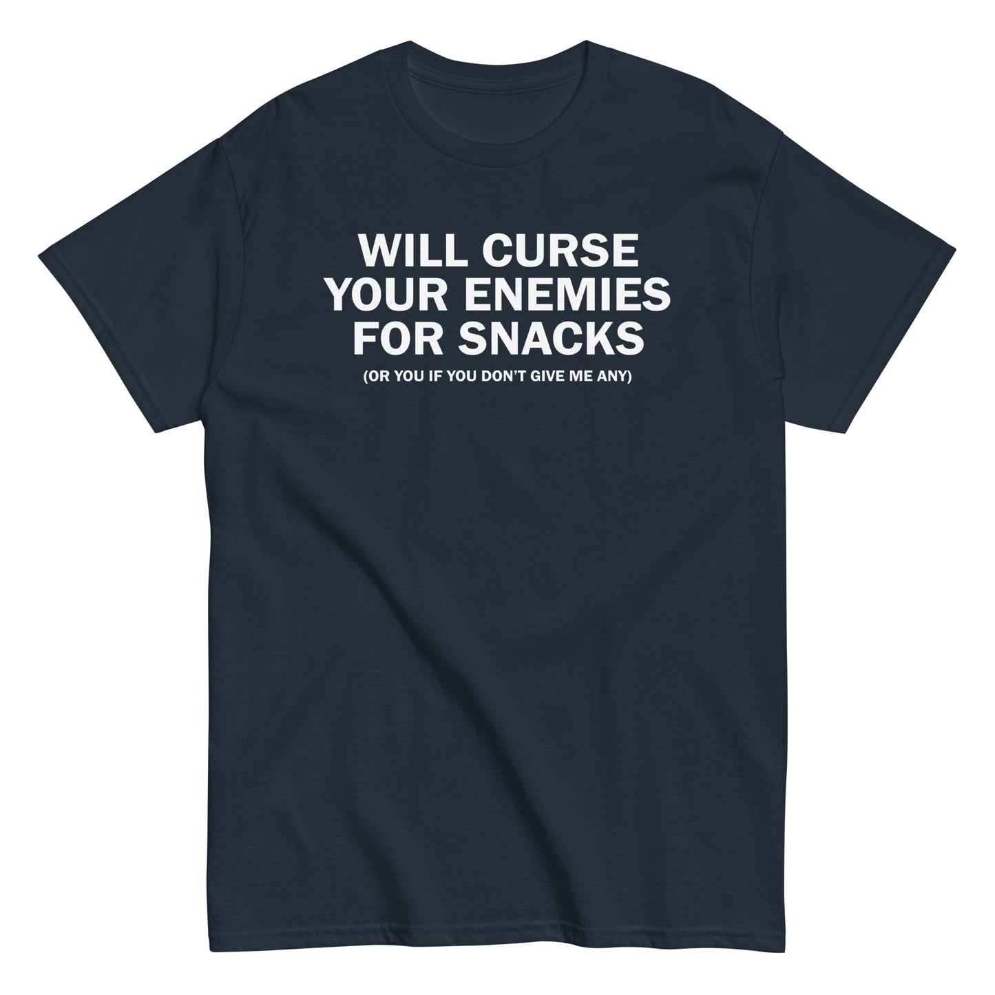 Will Curse Your Enemies for Snacks T-shirt in navy, funny witchcore gothic apparel with sarcastic witchy text By StrangeAndTwisted.Com