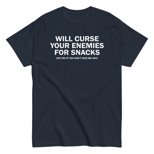 Will Curse Your Enemies for Snacks T-shirt in navy, funny witchcore gothic apparel with sarcastic witchy text By StrangeAndTwisted.Com