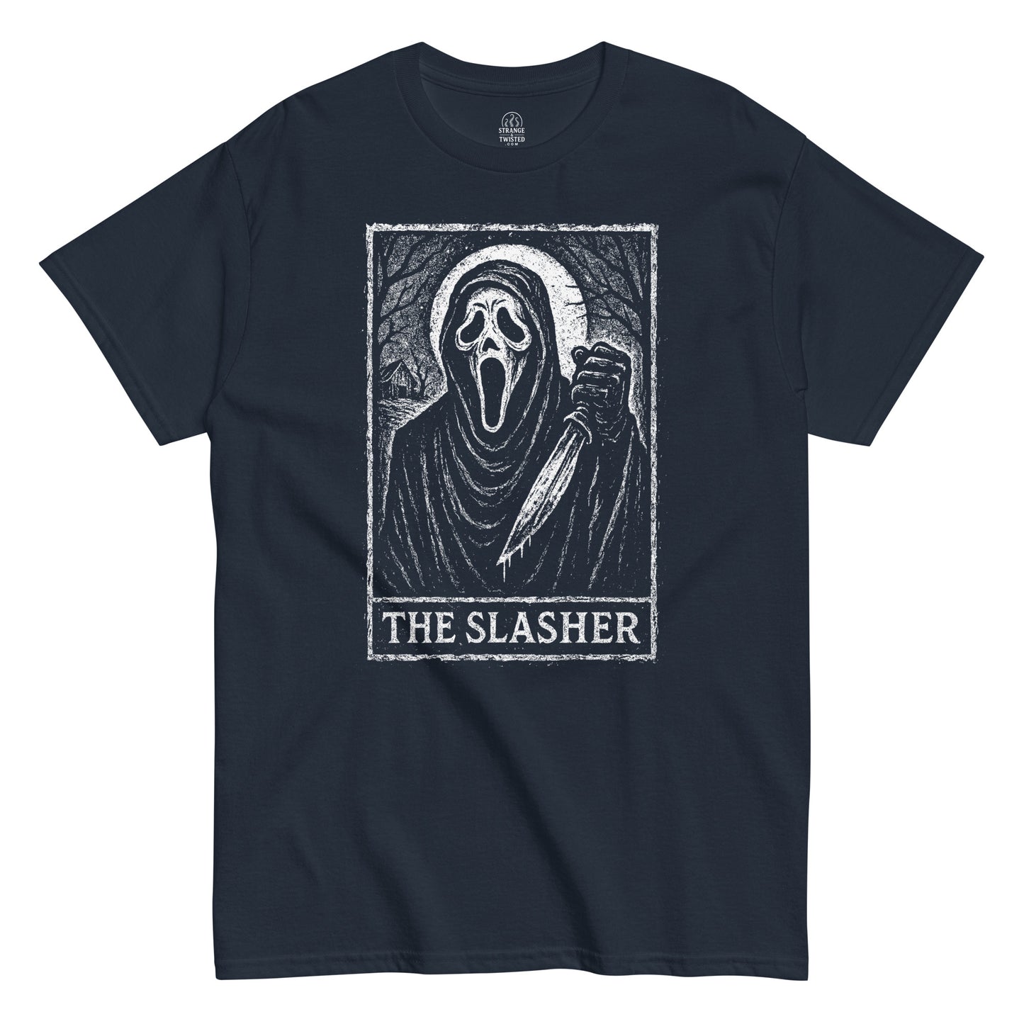 Navy horror tarot card T-shirt with slasher character design, eerie gothic movie inspired apparel, Strange and Twisted