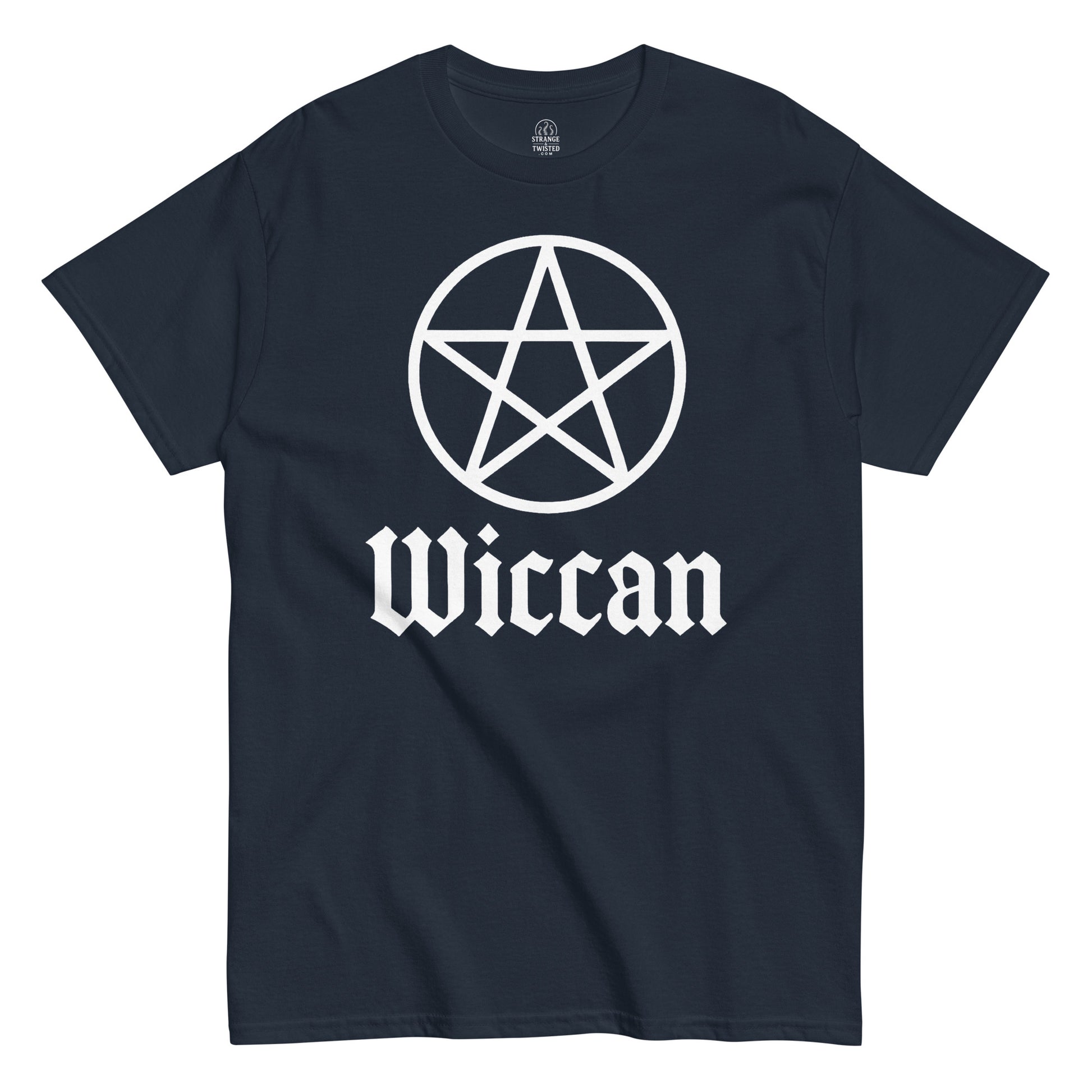 Witchcraft pentagram T-shirt in navy featuring bold Wiccan text and occult star design, pagan spiritual clothing