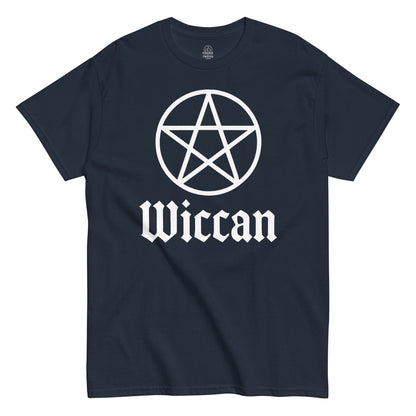 Witchcraft pentagram T-shirt in navy featuring bold Wiccan text and occult star design, pagan spiritual clothing