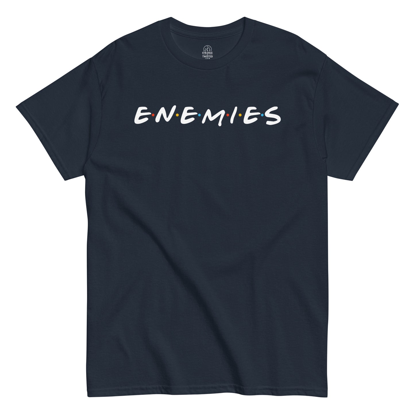 Funny parody logo T-shirt in navy with bold Enemies text design, comedy and satire style, By StrangeAndTwisted.Com