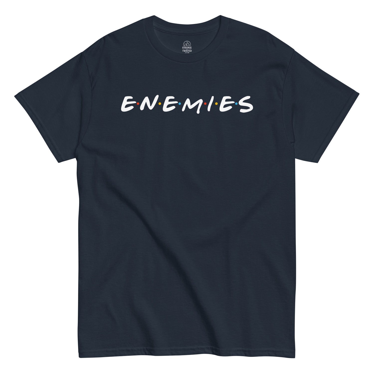 Funny parody logo T-shirt in navy with bold Enemies text design, comedy and satire style, By StrangeAndTwisted.Com