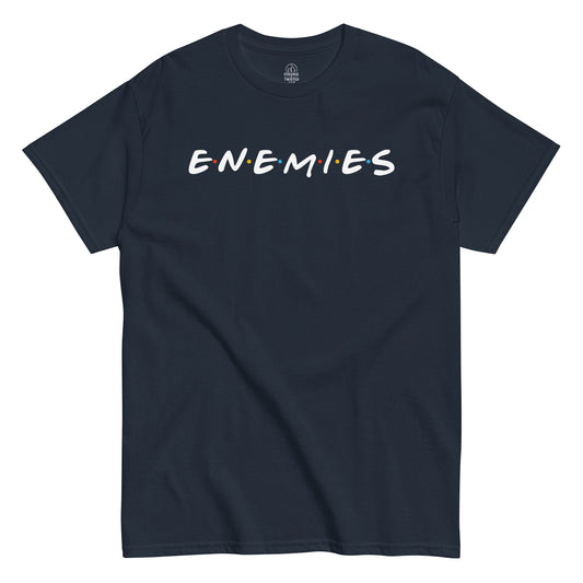 Funny parody logo T-shirt in navy with bold Enemies text design, comedy and satire style, By StrangeAndTwisted.Com
