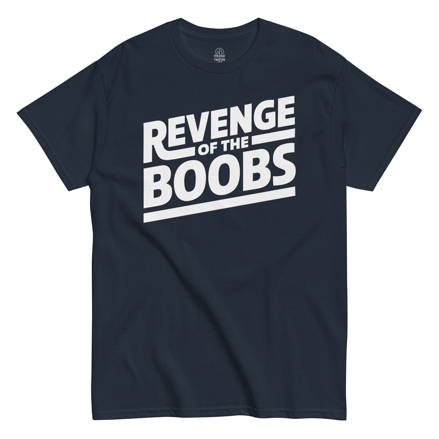 Funny sci-fi parody T-shirt in navy featuring Revenge of the Boobs bold text graphic, Strange and Twisted Apparel