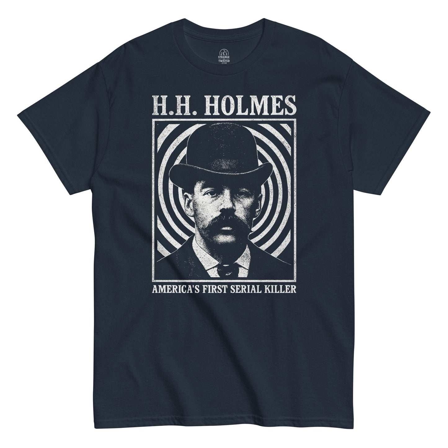 Retro true crime T-shirt in navy with H.H. Holmes portrait and bold America’s First Serial Killer design, Strange and Twisted Apparel