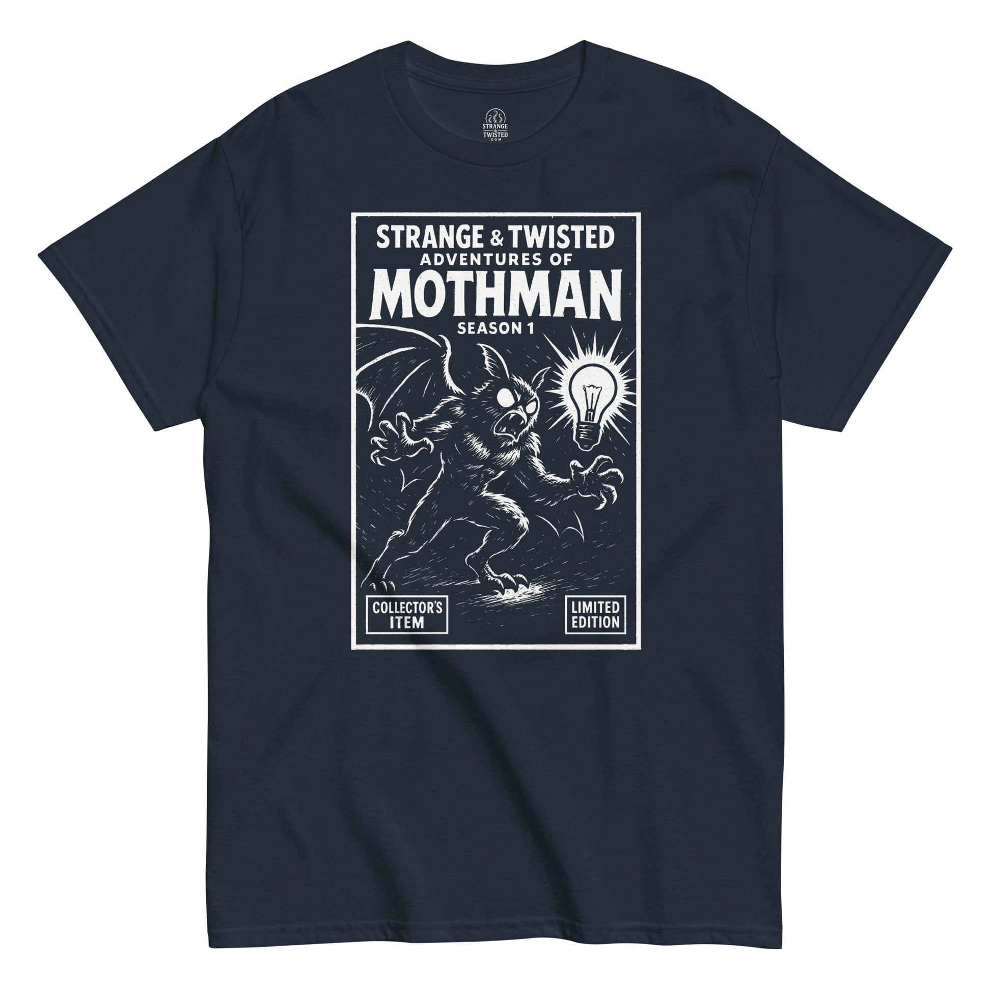 Gothic cryptid T-shirt in navy with Strange and Twisted Mothman comic style design, retro horror parody, By strangeandtwisted.com