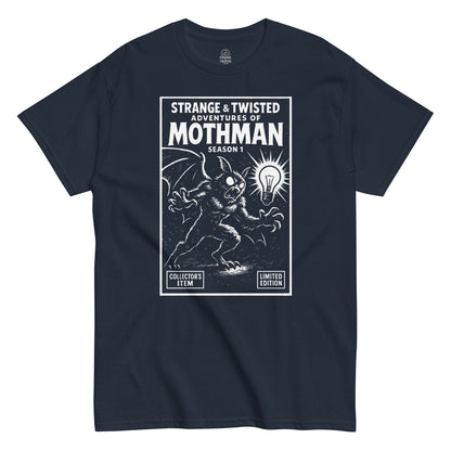 Gothic cryptid T-shirt in navy with Strange and Twisted Mothman comic style design, retro horror parody, By strangeandtwisted.com