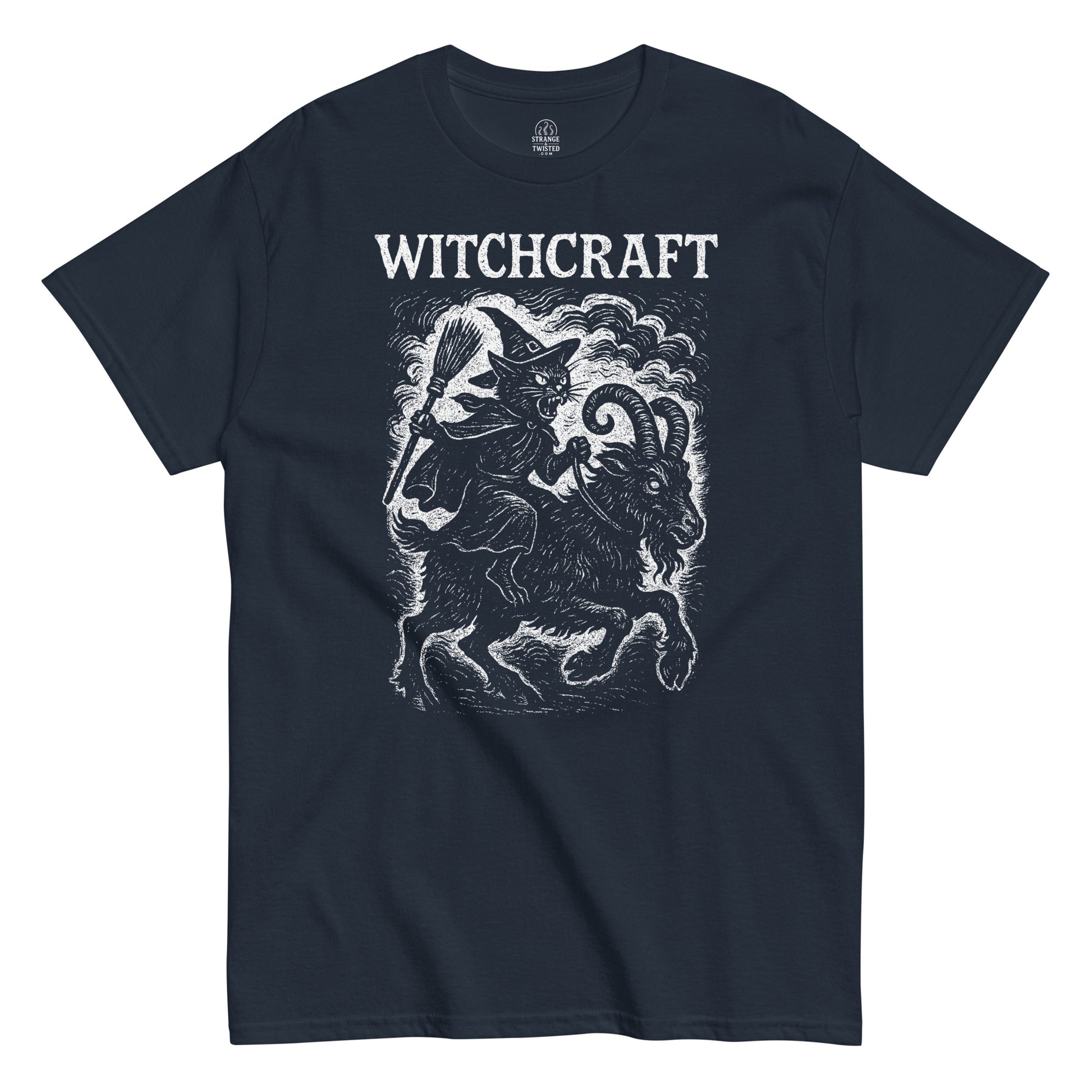 Retro occult parody T-shirt in navy with gothic style witchcraft cat riding goat artwork, Strange and Twisted Apparel